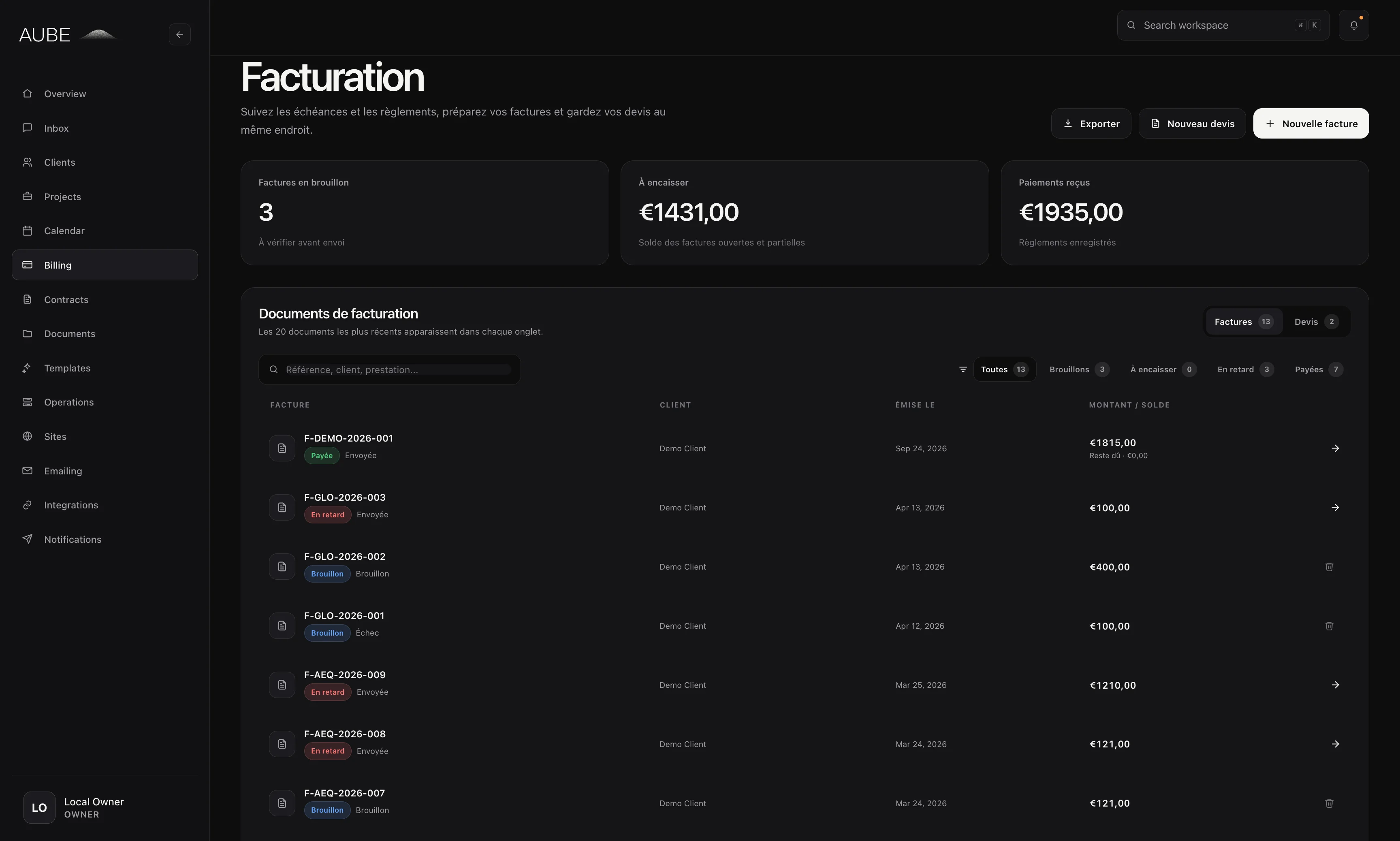Aube billing workspace for tracking quotes, invoices and payments