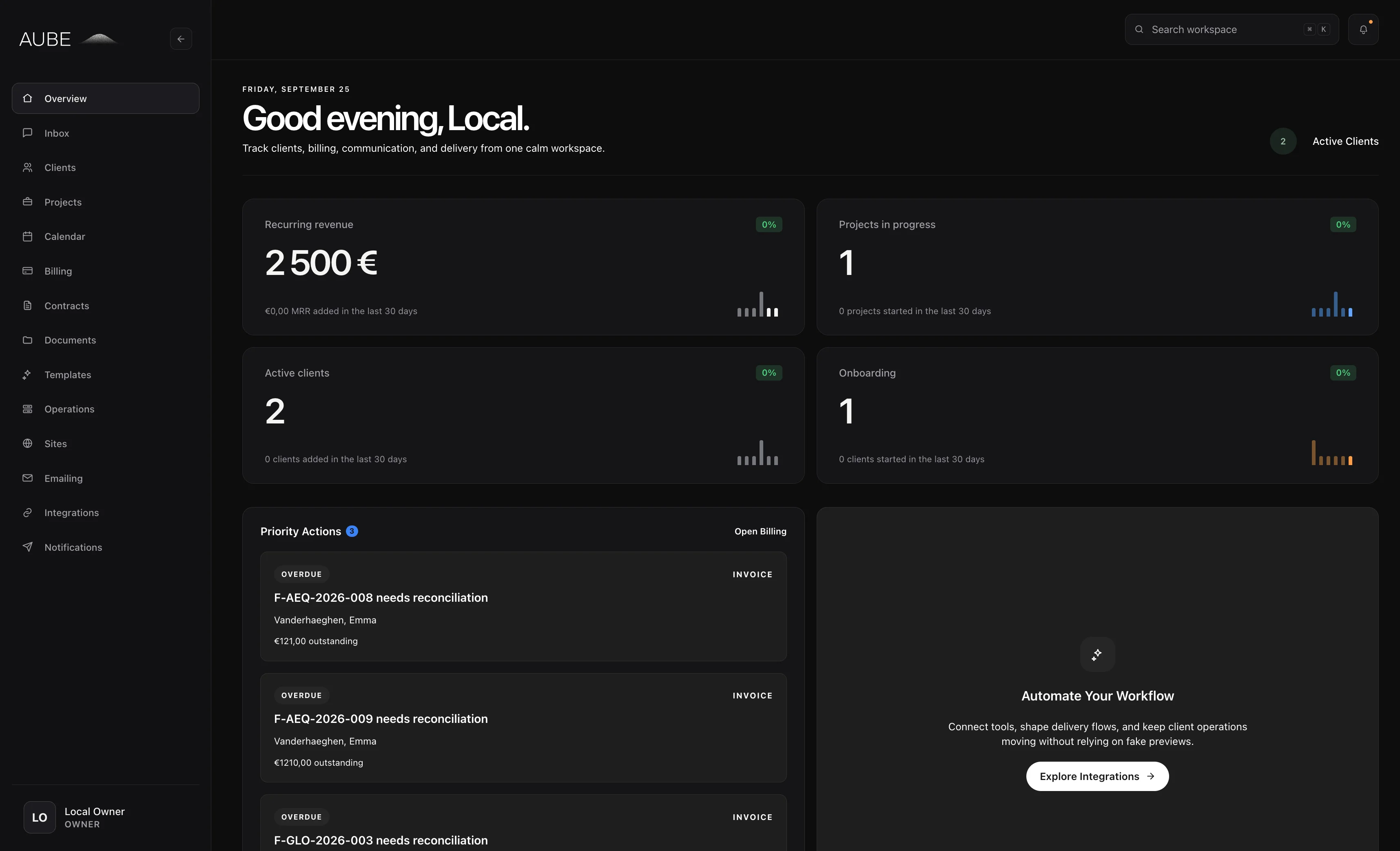 Aube overview dashboard for managing studio clients, billing and projects
