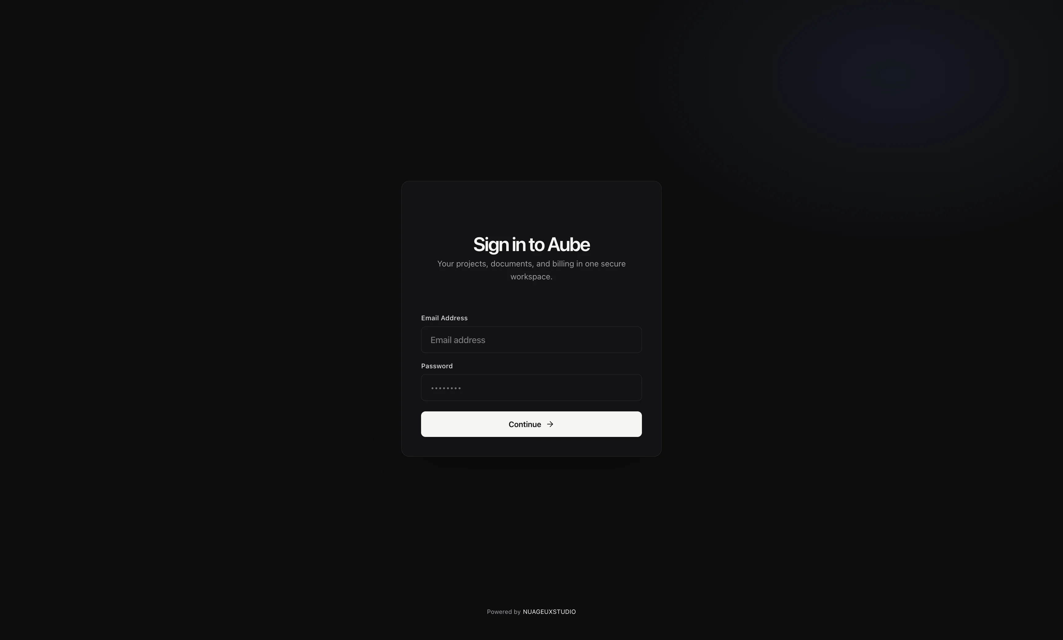 Aube client portal sign-in for access to projects, documents and billing