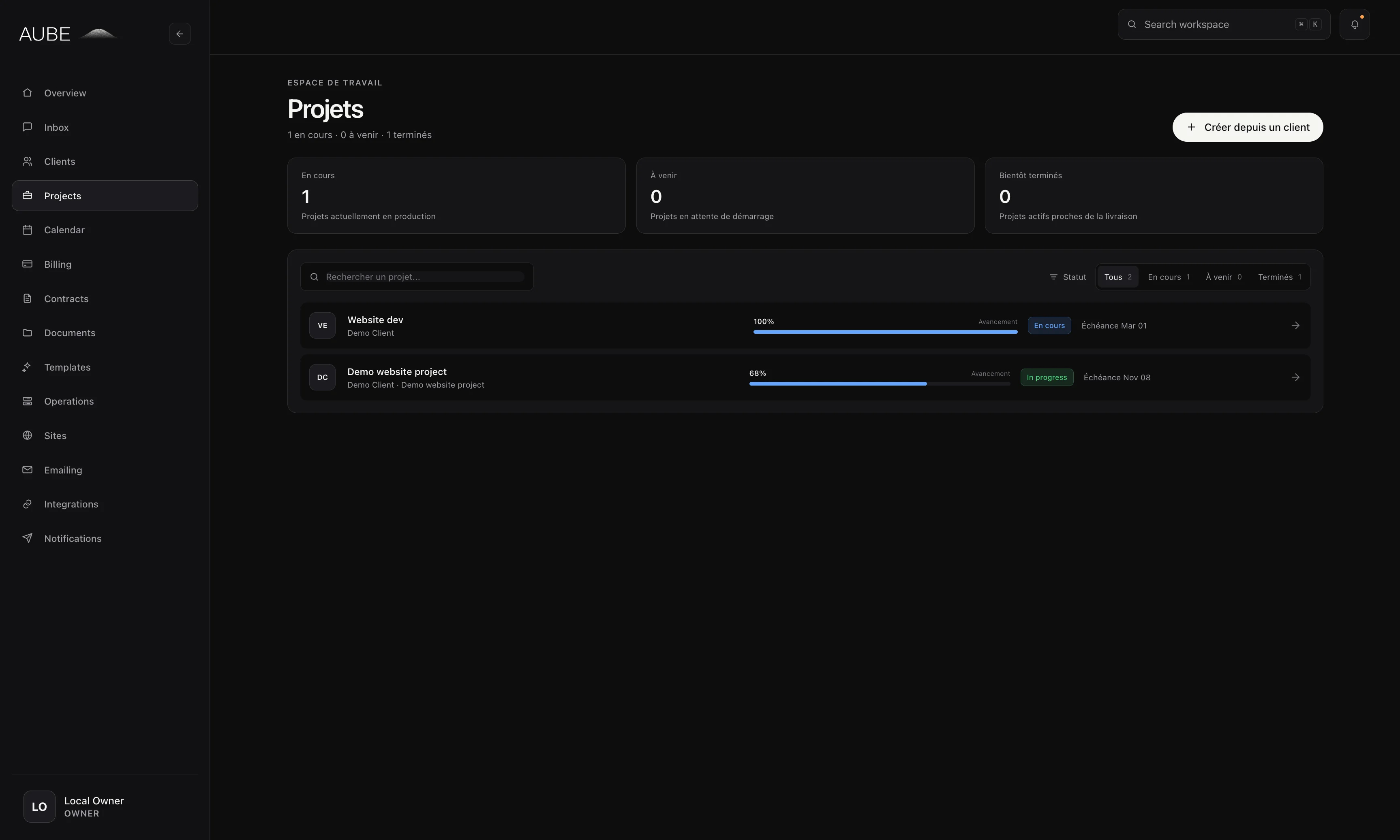 Aube project workspace with client links, progress and delivery status