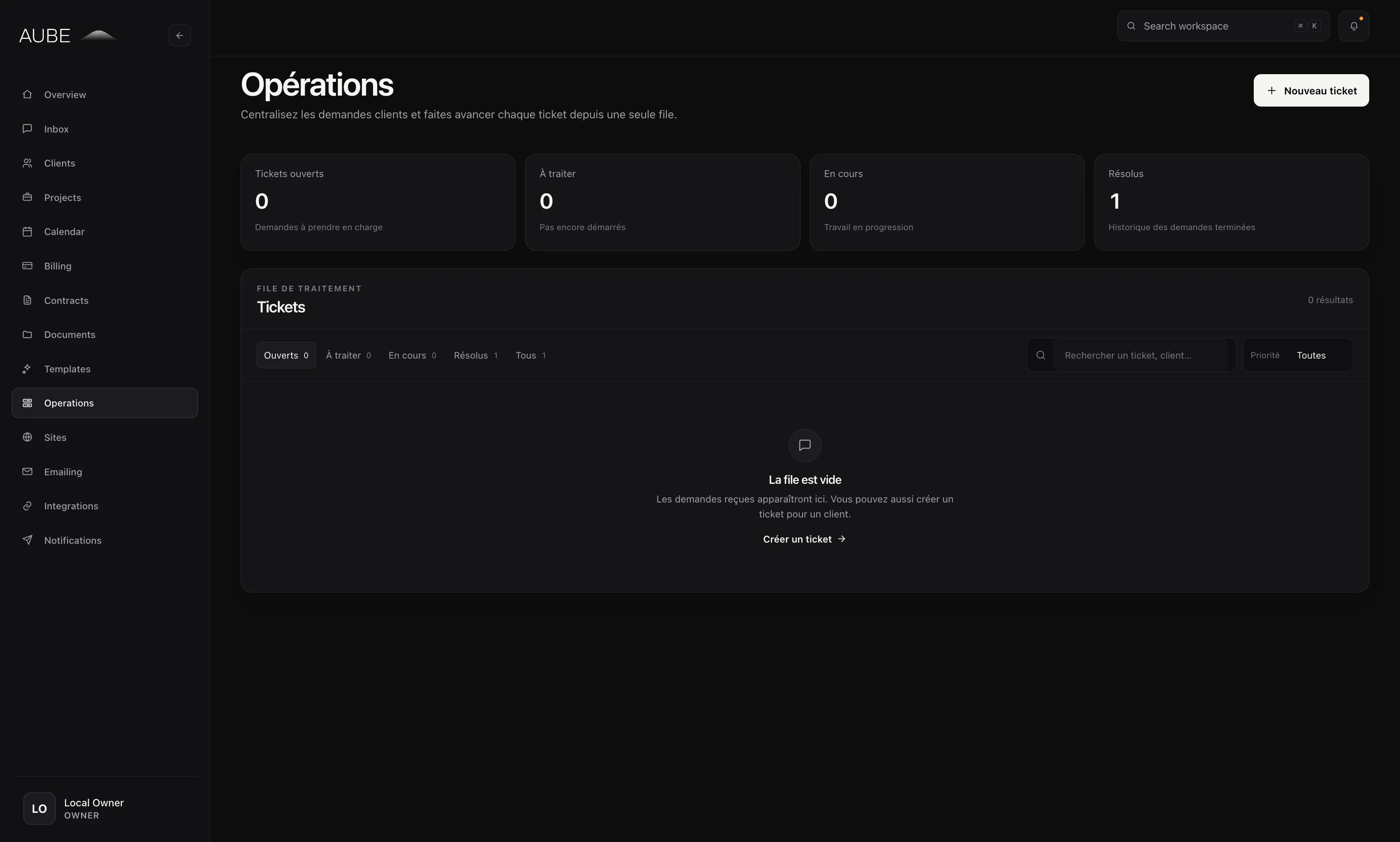 Aube operations view for managing project tickets and requests