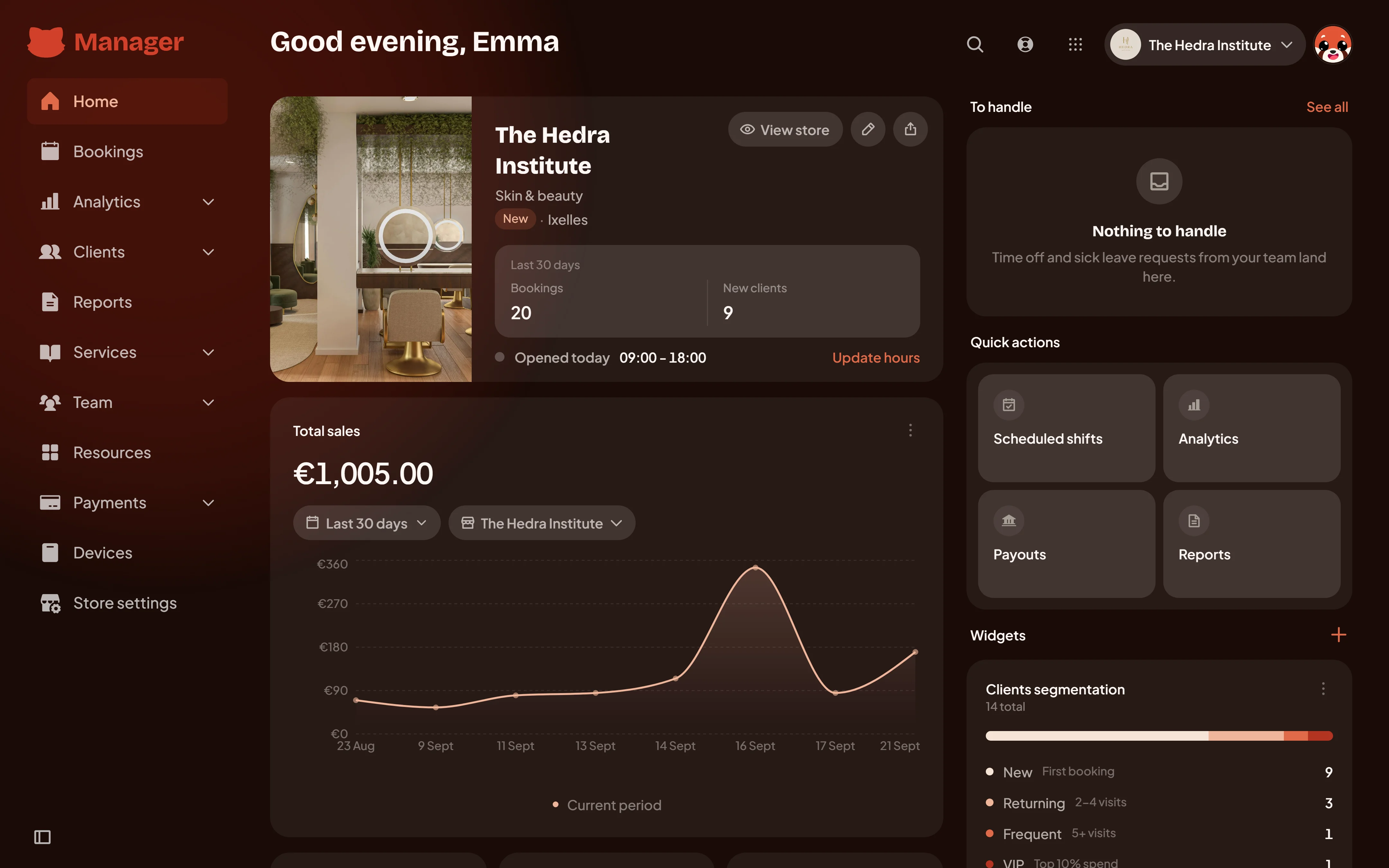 Glow Up Manager workspace with a salon profile, team tools and daily business overview