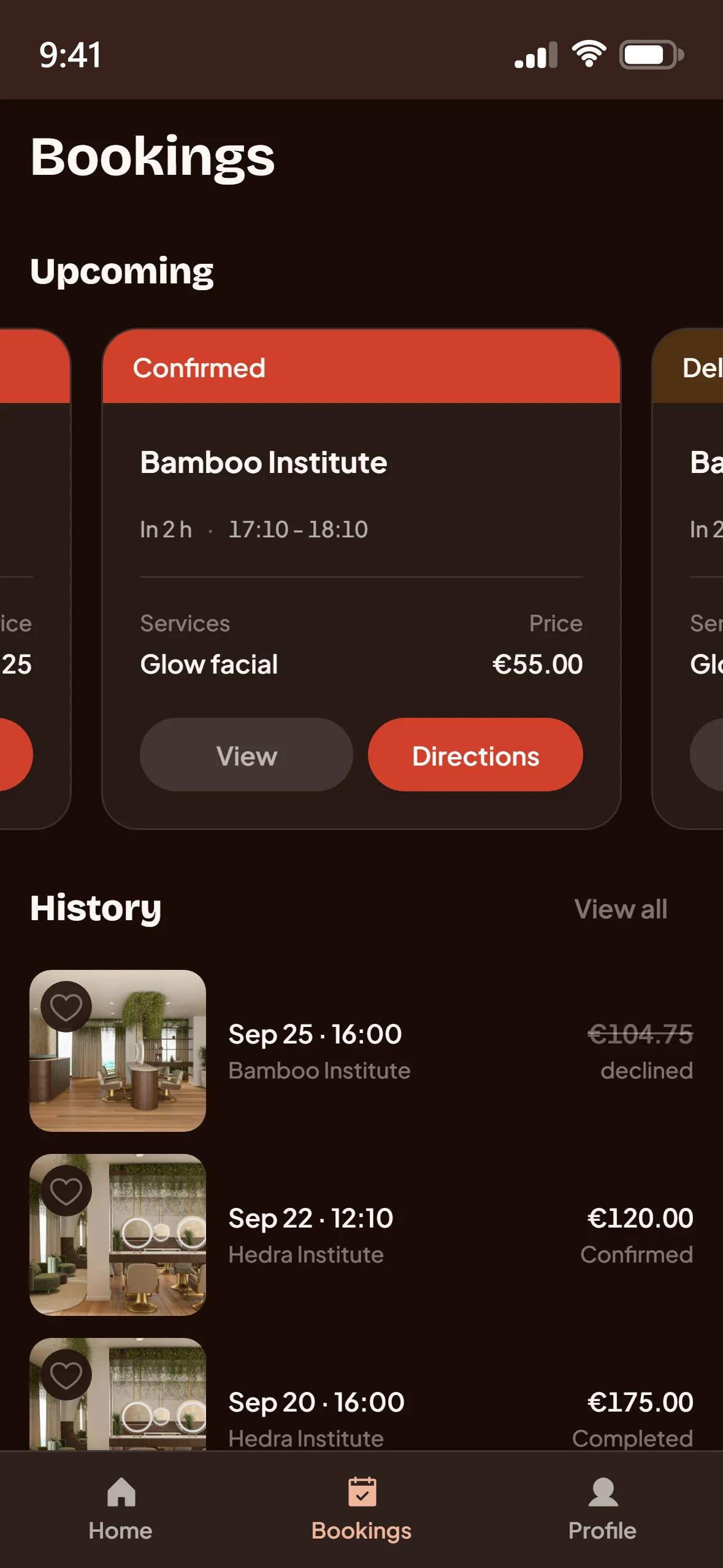Glow Up mobile appointment app with upcoming bookings and service details