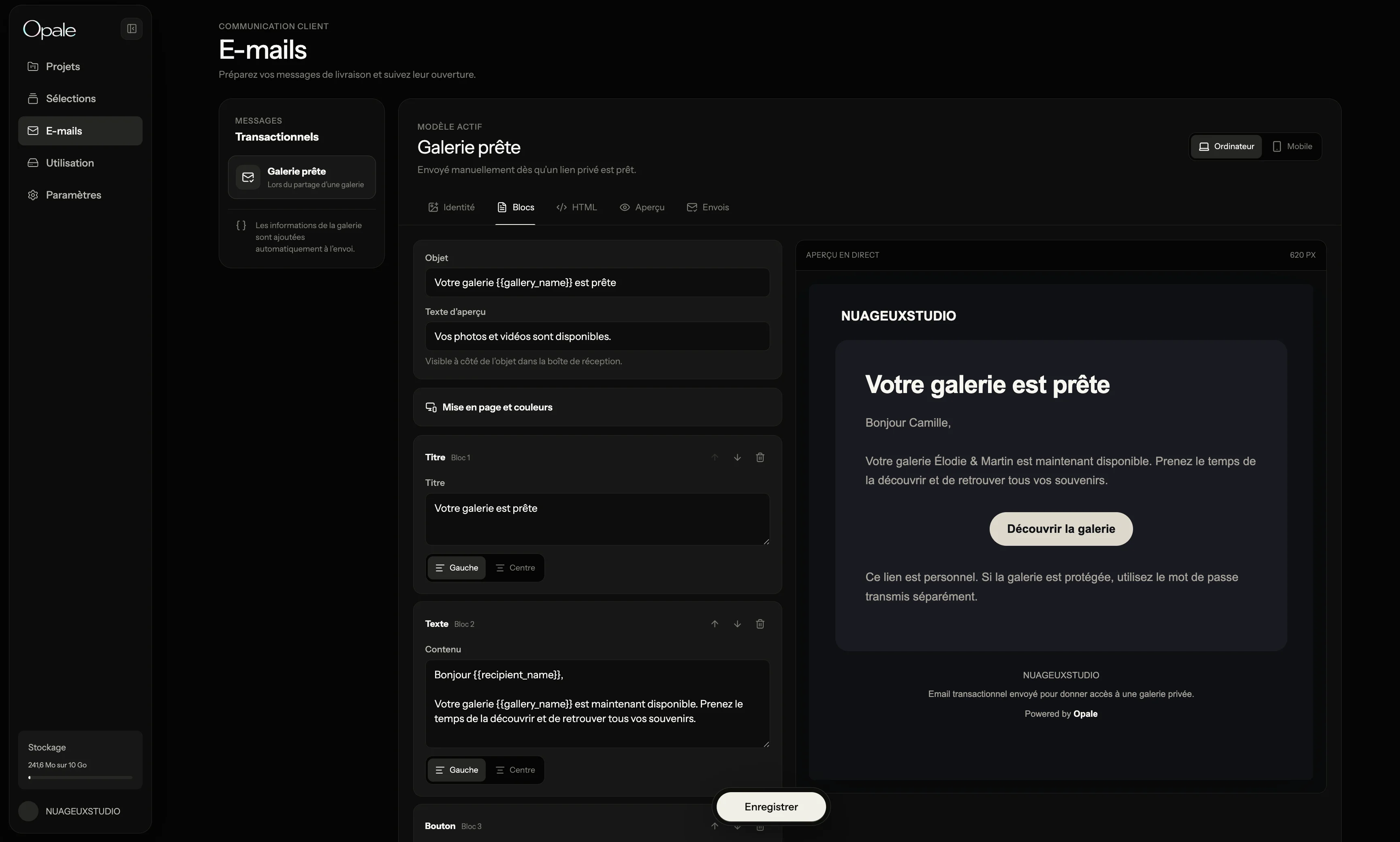 Éditeur d’invitation à une galerie Opale et aperçu de l’e-mail personnalisé