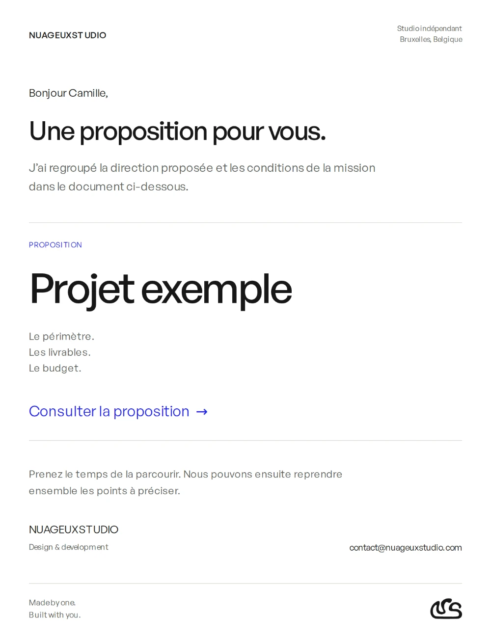 Email de proposition NUAGEUXSTUDIO sur fond blanc, avec un projet exemple et un lien bleu