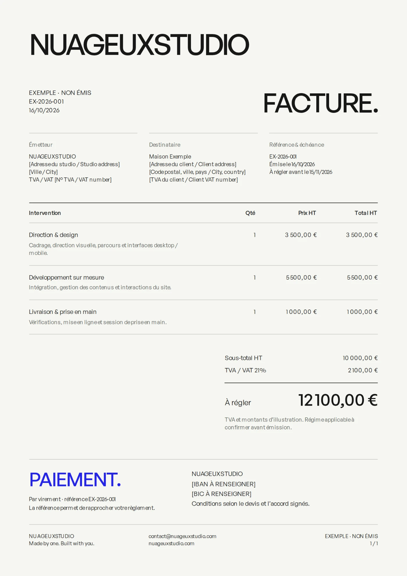 Modèle de facture NUAGEUXSTUDIO, avec titre typographique, tableau des prestations et informations de paiement en bleu