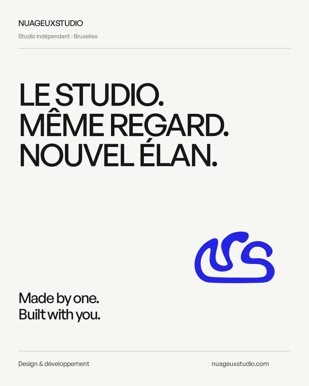 Composition de lancement du studio, typographie General Sans et accent bleu